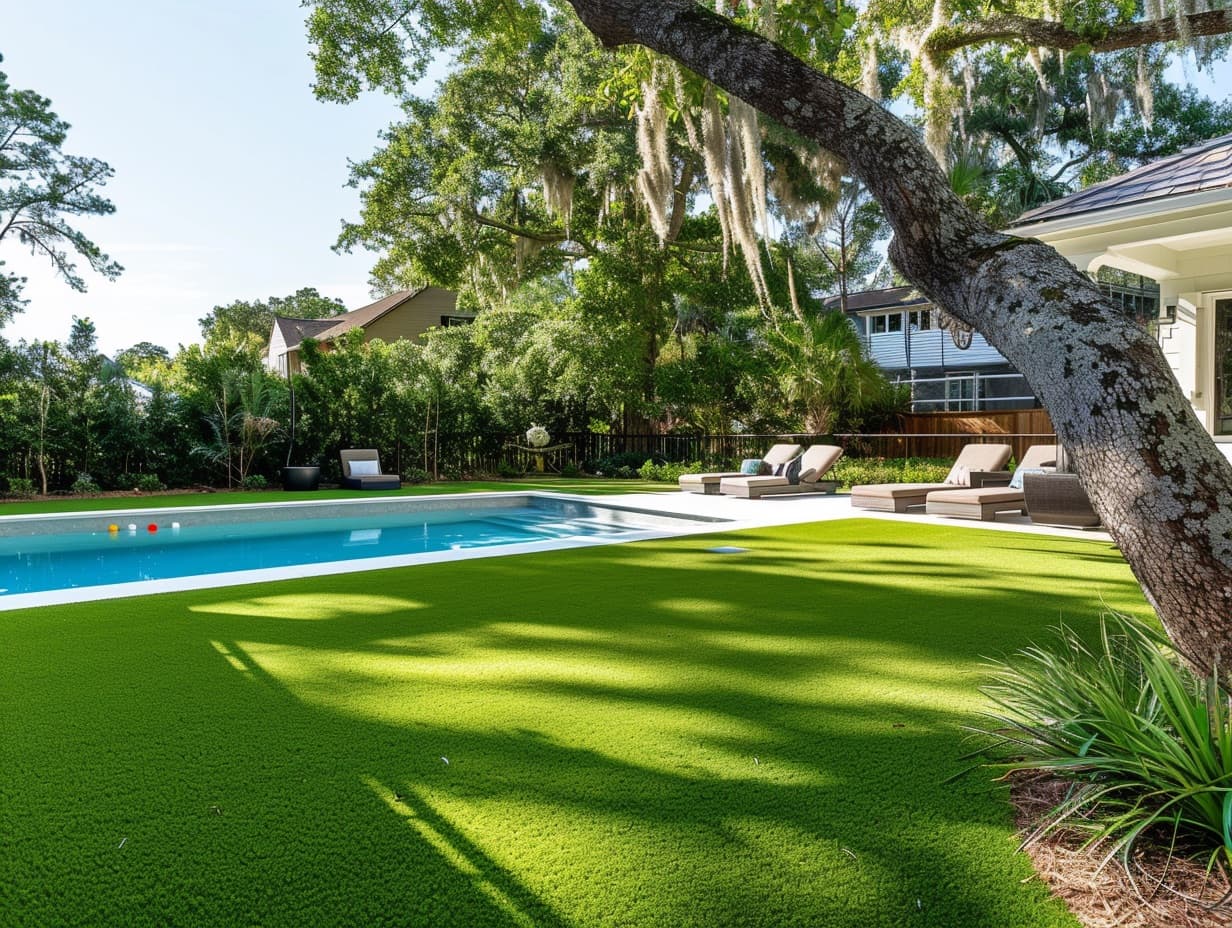 Backyard artificial turf with putting green